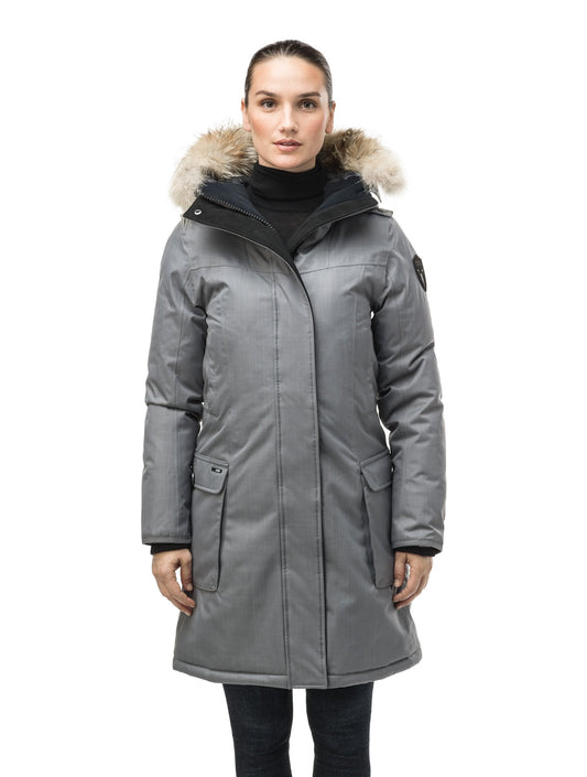 Women's knee length down filled parka with fur trim hood in CH Concrete + CH Concrete