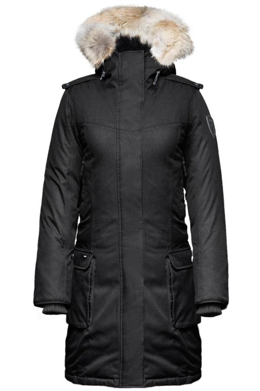 Women's knee length down filled parka with fur trim hood in H. Black + H. Black