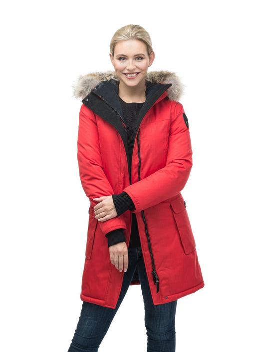 Women's knee length down filled parka with fur trim hood in Red + Red