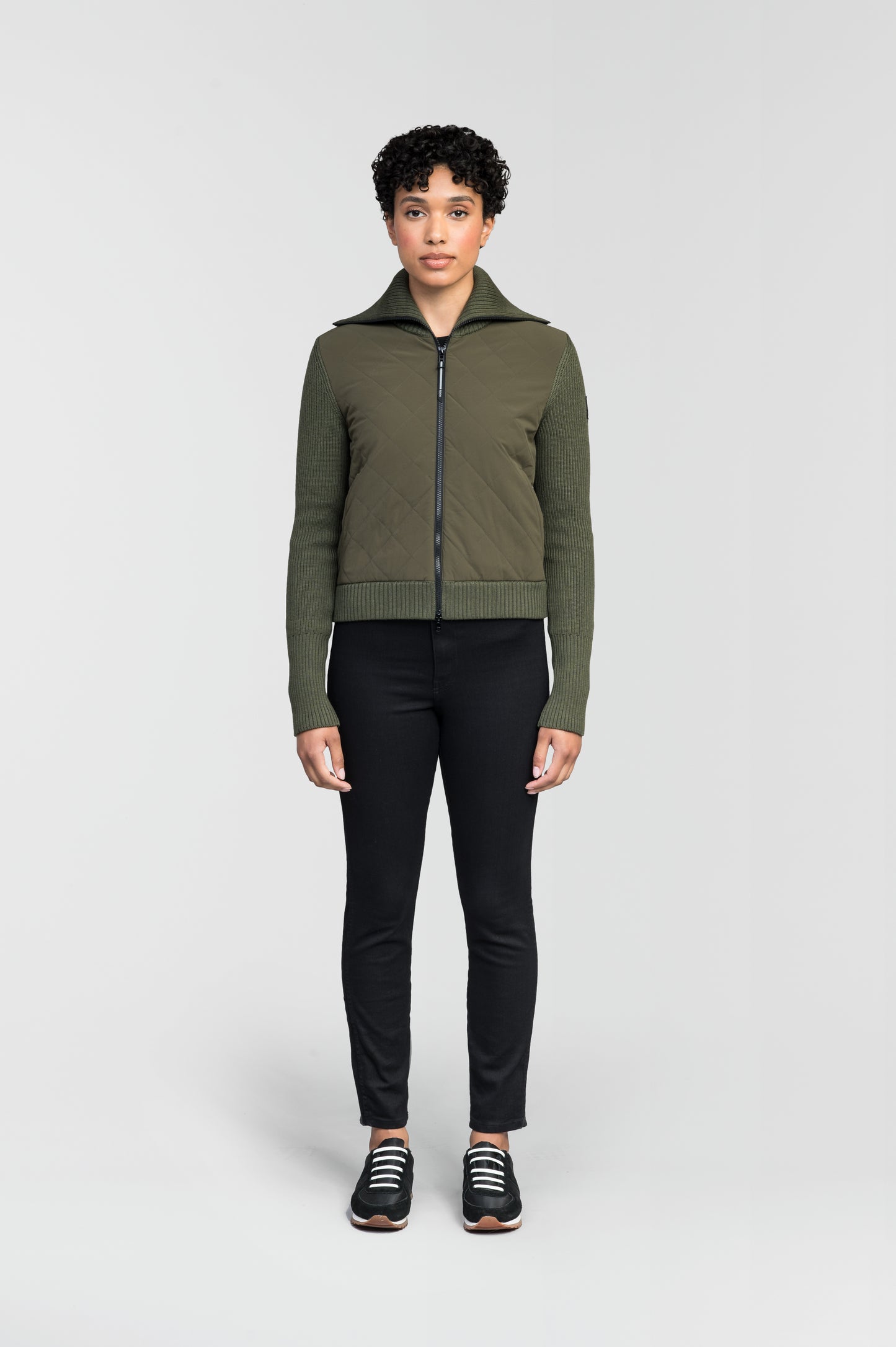 Ada Ladies Quilted Full Zip Sweater in hip length, PrimaLoft Gold Insulation Active+, Durable 4-Way Stretch Weave quilted torso, Merino wool knit collar, sleeves, back, and cuffs, two-way front zipper, and hidden waist pockets, in Fatigue