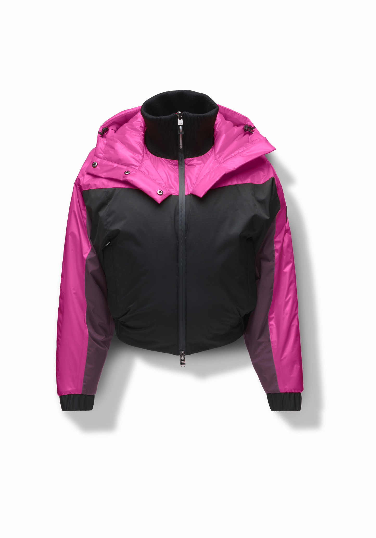 Aspen Women's Batwing Jacket in hip length, premium stretch ripstop and cire technical nylon taffeta fabrication, Premium Canadian White Duck Down insulation, non-removable down-filled hood, centre front two-way zipper, winged arm detailing, in Festival Fushia/Potent Purple