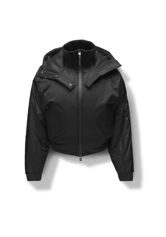Aspen Women's Batwing Jacket in hip length, premium stretch ripstop and cire technical nylon taffeta fabrication, Premium Canadian White Duck Down insulation, non-removable down-filled hood, centre front two-way zipper, winged arm detailing, in Black + Black