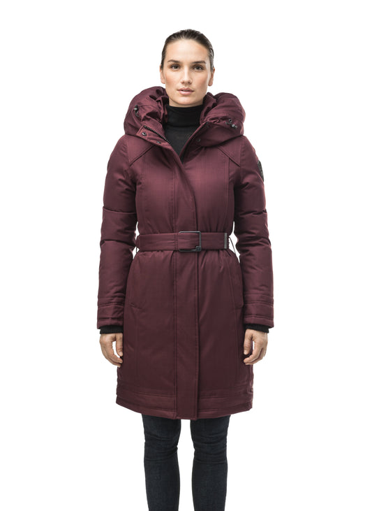 Women's Thigh length own parka with a furless oversized hood in Merlot + Merlot