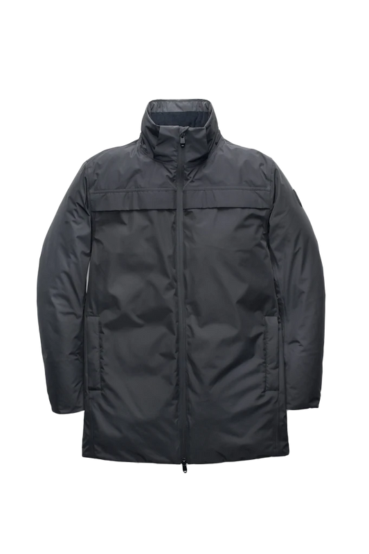 Atlas Men's Performance Parka in thigh length, Canadian duck down insulation, removable hood, and two-way zipper, in Black + Black