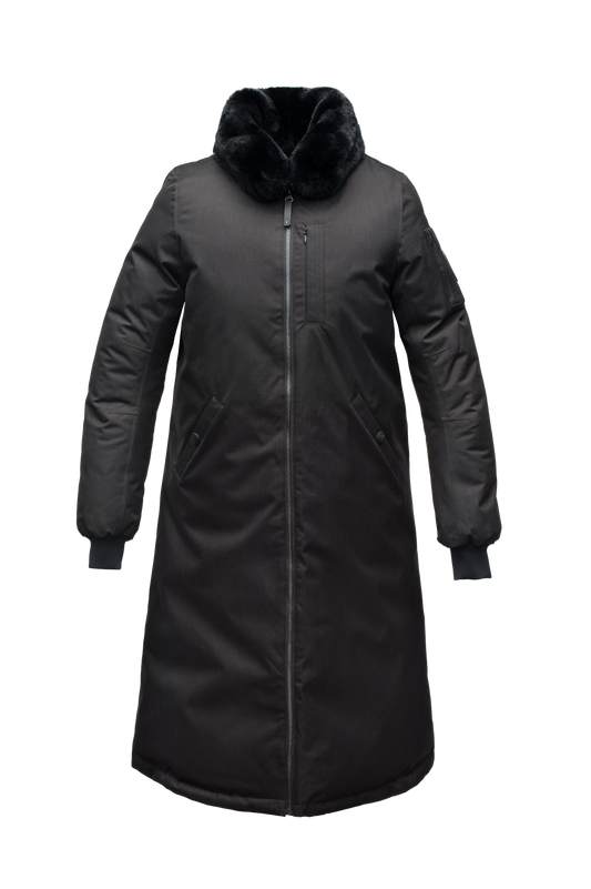 Women's knee length bomber style jacket with removable rabbit fur collar in Black + Black