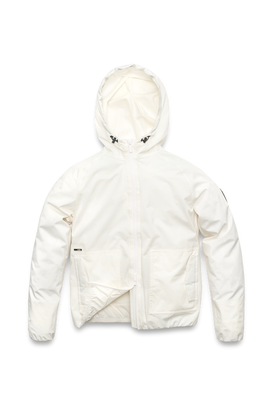 Women's hip length waterproof jacket with non-removable hood and two-way zipper in Chalk + Chalk