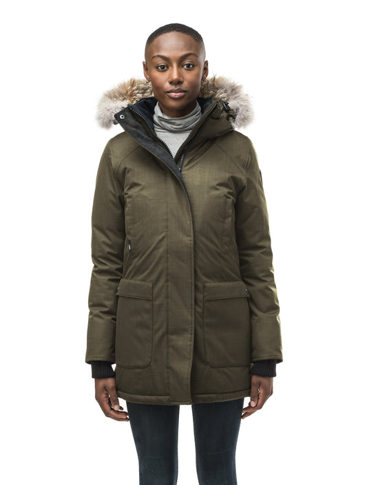 Women's down filled parka that sits just below the hip with a clean look and two hip patch pockets in CH Army Green + CH Army Green