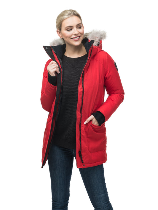 Women's down filled parka that sits just below the hip with a clean look and two hip patch pockets in CH Red + CH Red