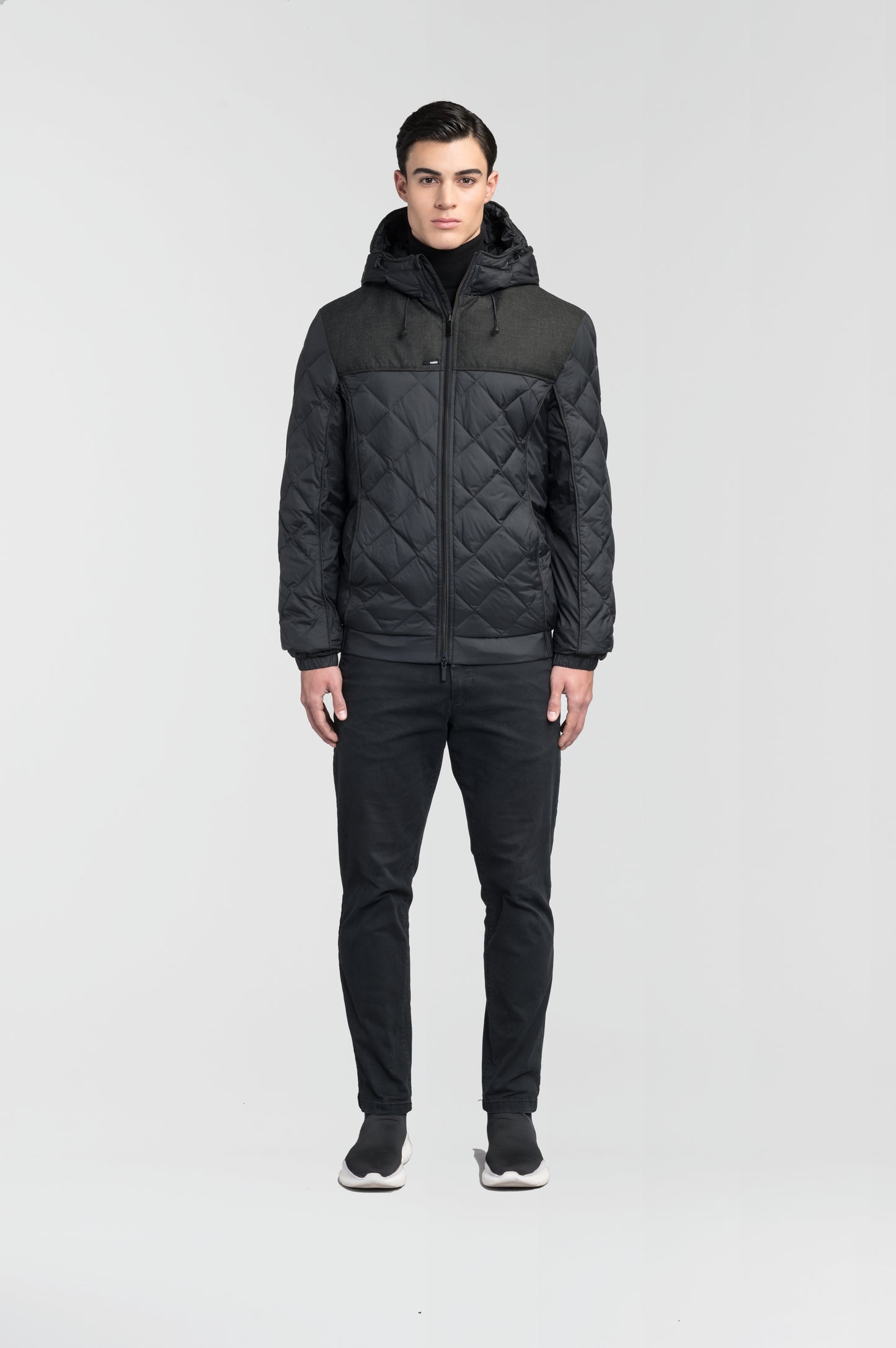 Men's lightweight quilted down hoodie in Black/H. Black