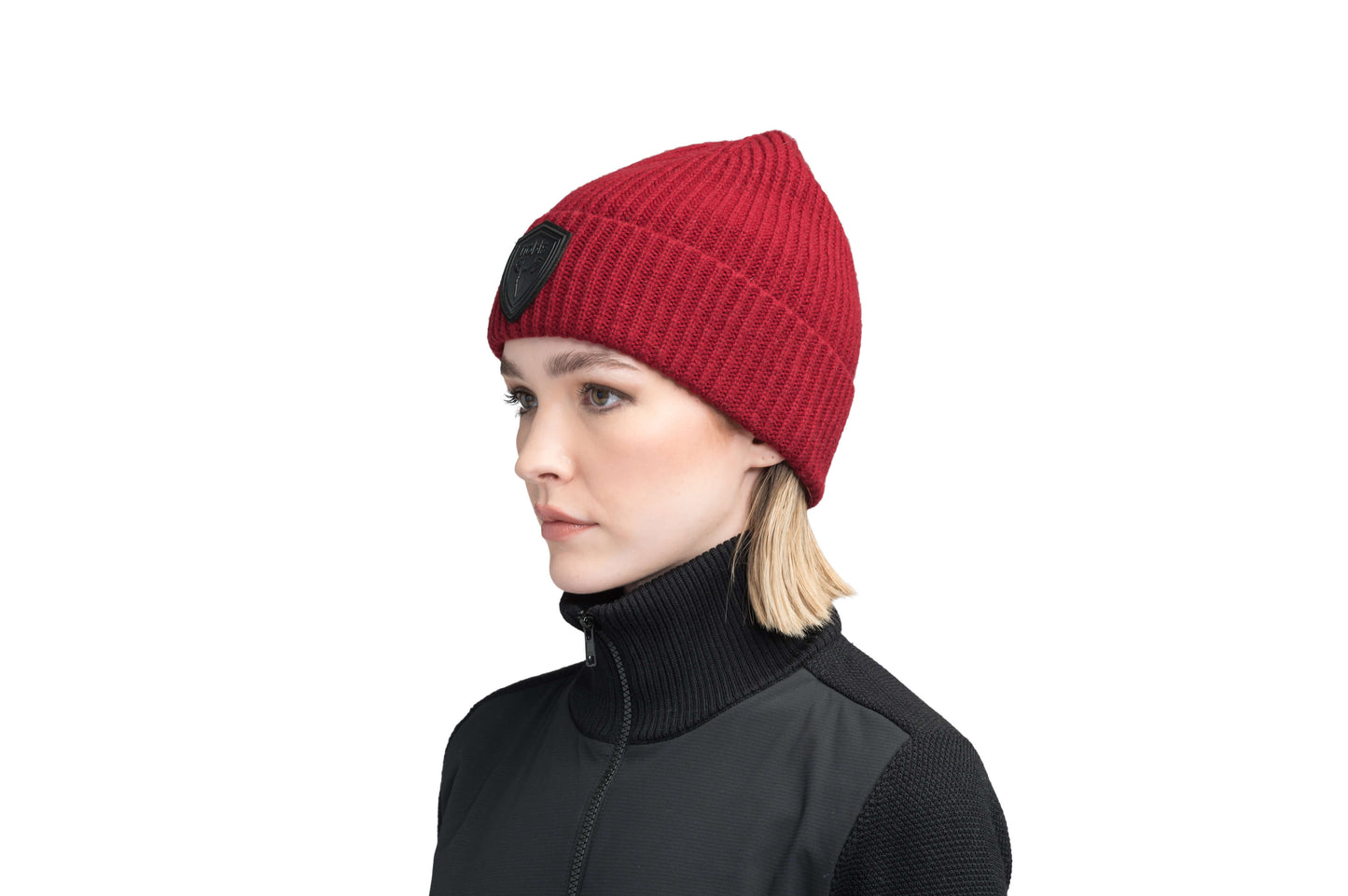 Emer Unisex Tailored Chunky Knit Beanie in extra fine merino wool blend, and black leather Nobis shield logo on cuff, in Rio Red