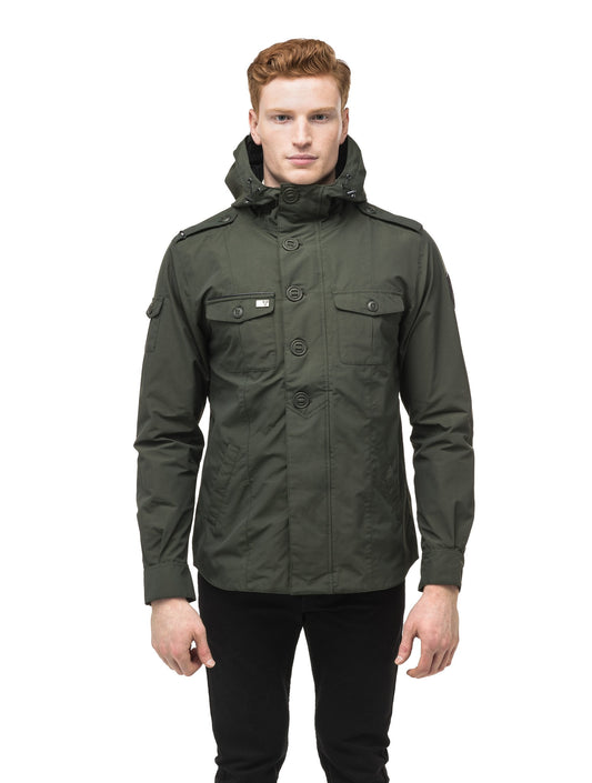 Men's hooded shirt jacket with patch chest pockets in Dark Forest + Forest