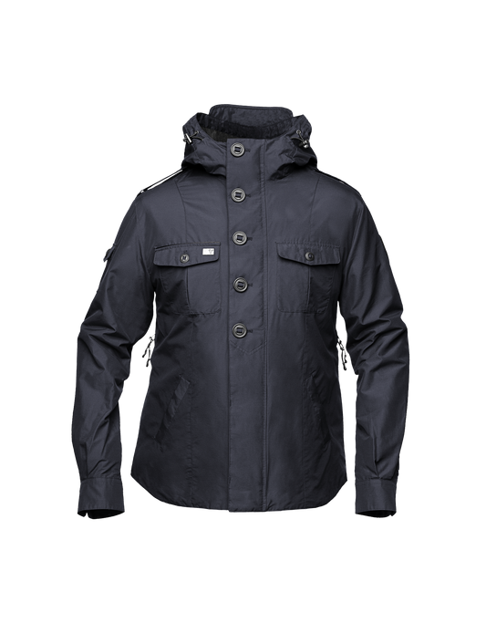 Men's hooded shirt jacket with patch chest pockets in Navy + Navy