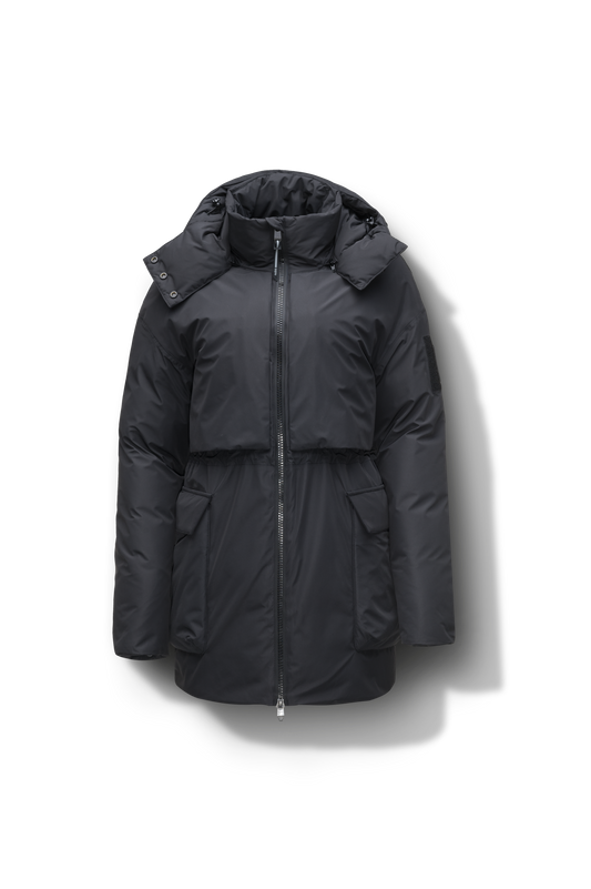 Haelyn Ladies Short Utility Parka in thigh length, 3-Ply Micro Denier fabrication, Premium Canadian White Duck Down insulation, removable down-filled hood, two-way centre front zipper, hidden adjustable cord at waist, adjustable snap cuffs, and four exterior patch pockets at front, in Black + Black