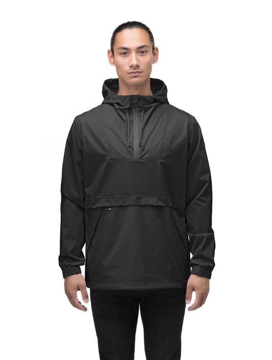 Men's hip length hooded pullover anorak with zipper at collar in Black + Black