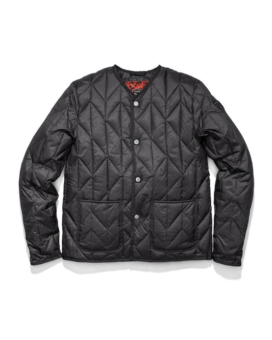 Lunar New Year Men's Quilted Short Jacket in hip length, sustainable and environmentally friendly Primaloft Gold Insulation Active+, with branded snap button front, two waist patch pockets, and chevron quilted body, in Black + Black