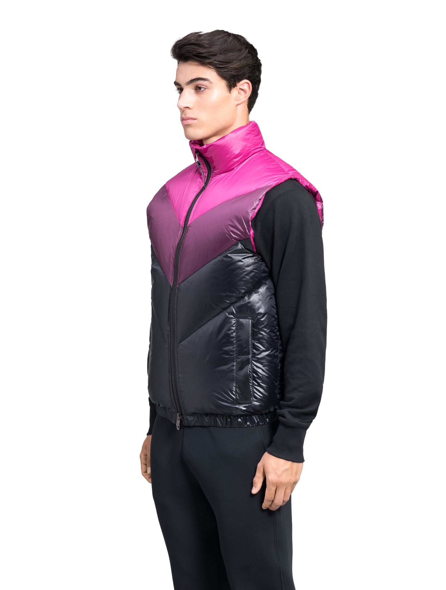 Kylo Men's Chevron Quilted Vest in hip length, premium cire technical nylon taffeta fabrication, Premium Canadian origin White Duck Down insulation, two-way centre-front zipper, fleece-lined pockets at waist, elasticized waistband, in Festival Fuschia/Potent Purple