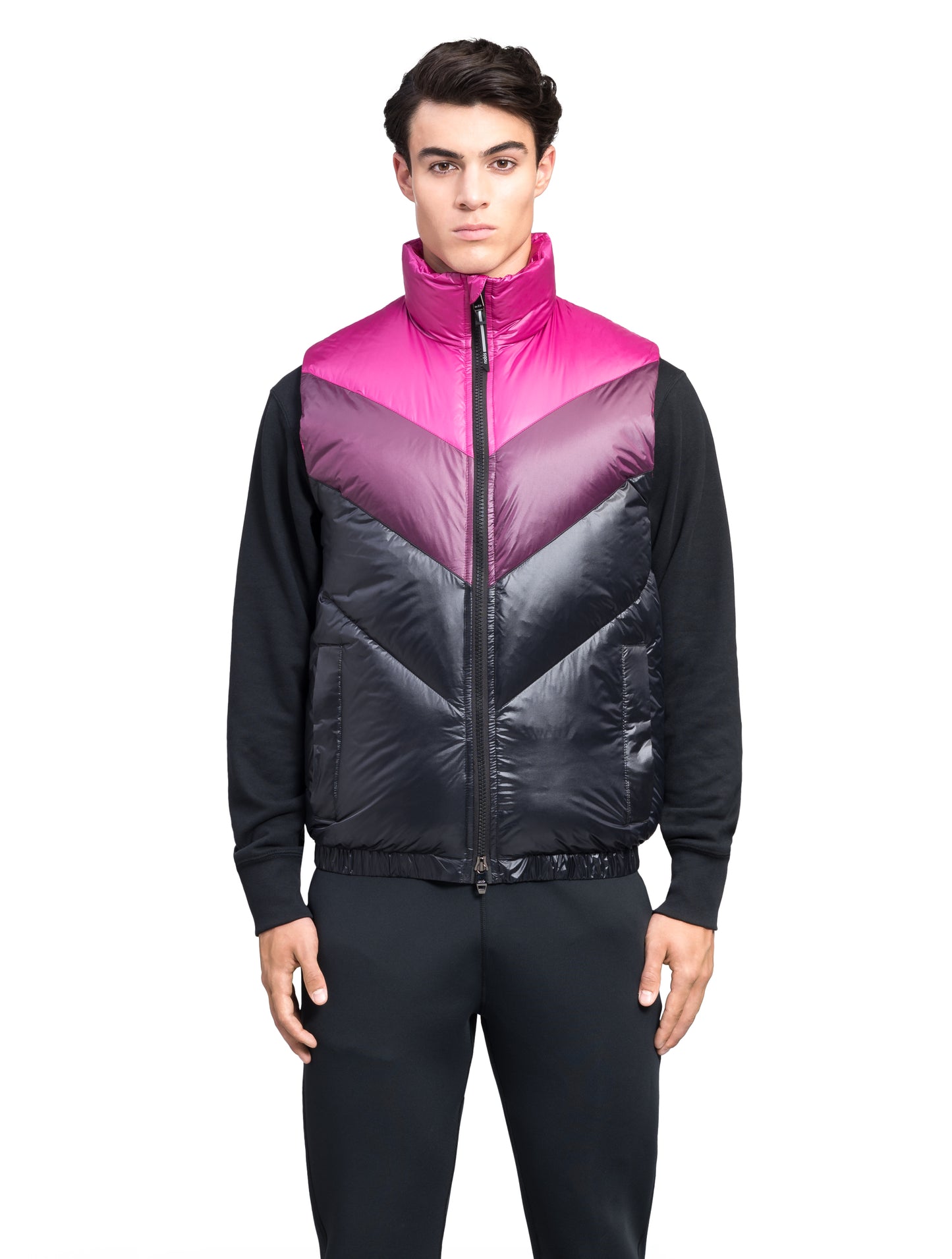 Kylo Men's Chevron Quilted Vest in hip length, premium cire technical nylon taffeta fabrication, Premium Canadian origin White Duck Down insulation, two-way centre-front zipper, fleece-lined pockets at waist, elasticized waistband, in Festival Fuschia/Potent Purple