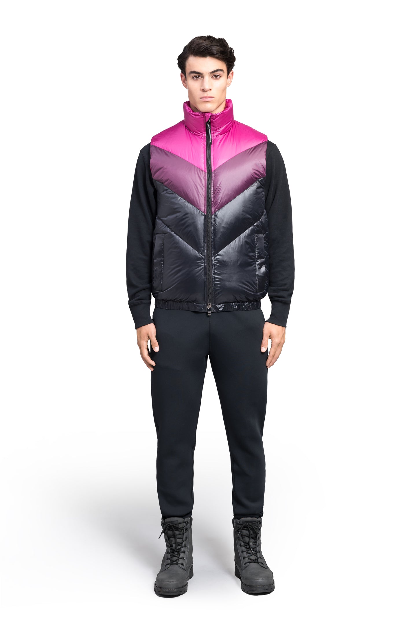Kylo Men's Chevron Quilted Vest in hip length, premium cire technical nylon taffeta fabrication, Premium Canadian origin White Duck Down insulation, two-way centre-front zipper, fleece-lined pockets at waist, elasticized waistband, in Festival Fushia/Potent Purple