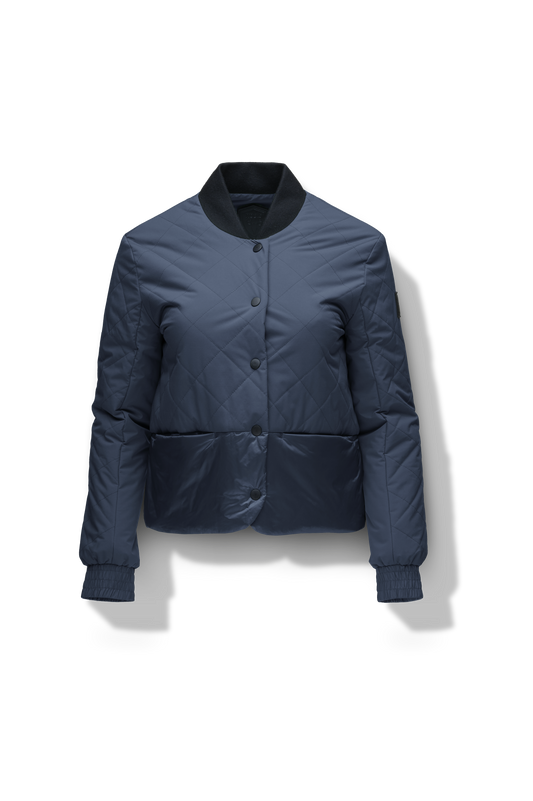 Lexi Women's Reversible Midlayer Jacket in waist length, premium stretch ripstop and contrast cire technical nylon taffeta fabrication, premium 4-way stretch, water resistant Primaloft Gold Insulation Active+, snap button closure at centre front, exterior magnetic closure pockets at sides, elasticized cuff details, and reversible from a quilted or smooth outer shell, in Marine + Marine