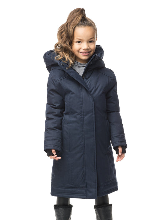 Kid's knee length down coat with fur free hood in Navy + Navy