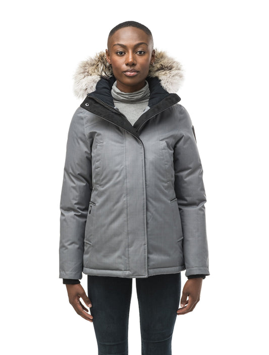 Women's hip length down filled parka in CH Concrete + CH Concrete