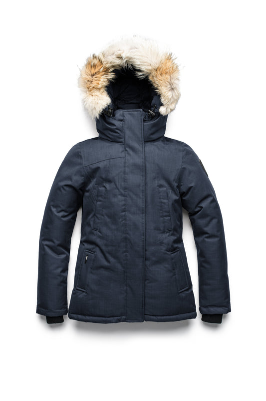 Women's hip length down filled parka in CH Navy + CH Navy