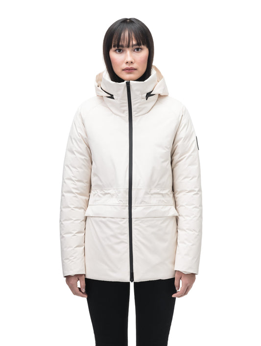 Litho Ladies Short Parka in hip length, Canadian duck down insulation, tuckable waterproof hood, and two-way zipper, in Wheat + Wheat