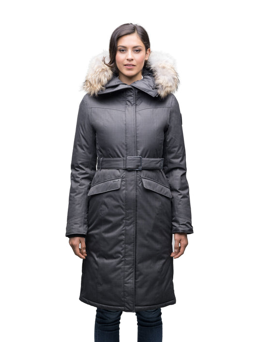 Women's maxi down filled parka with calf length hem in CH Steel Grey + CH Steel Grey