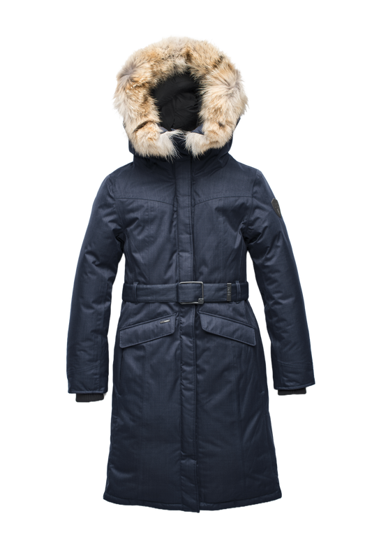 Women's maxi down filled parka with calf length hem in Navy + Navy