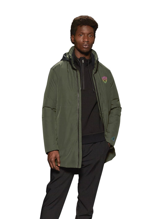 Unisex thigh length down parka with a contrast colour back panel, hidable waterproof hood, and hidden zipper pockets at chest and waist, in Fatigue/Black + Fatigue/Black