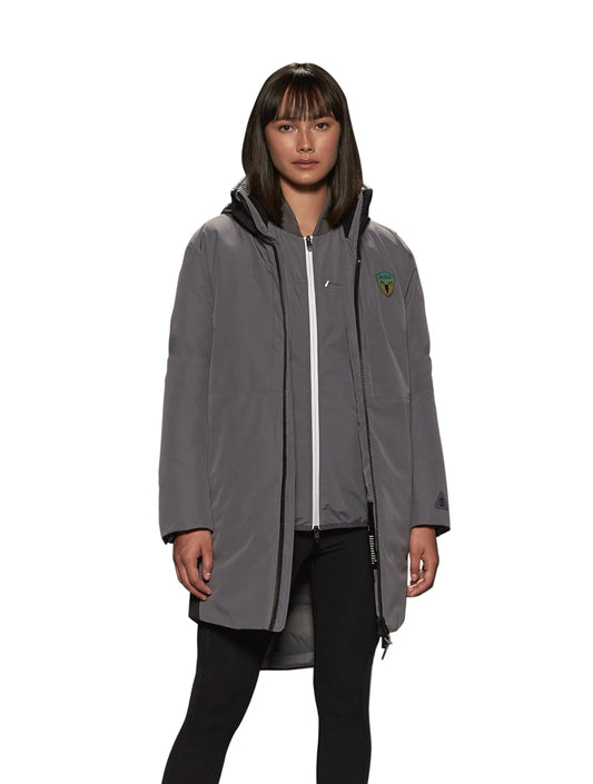 Unisex thigh length down parka with a contrast colour back panel, hidable waterproof hood, and hidden zipper pockets at chest and waist, in Concrete/Black + Concrete/Black