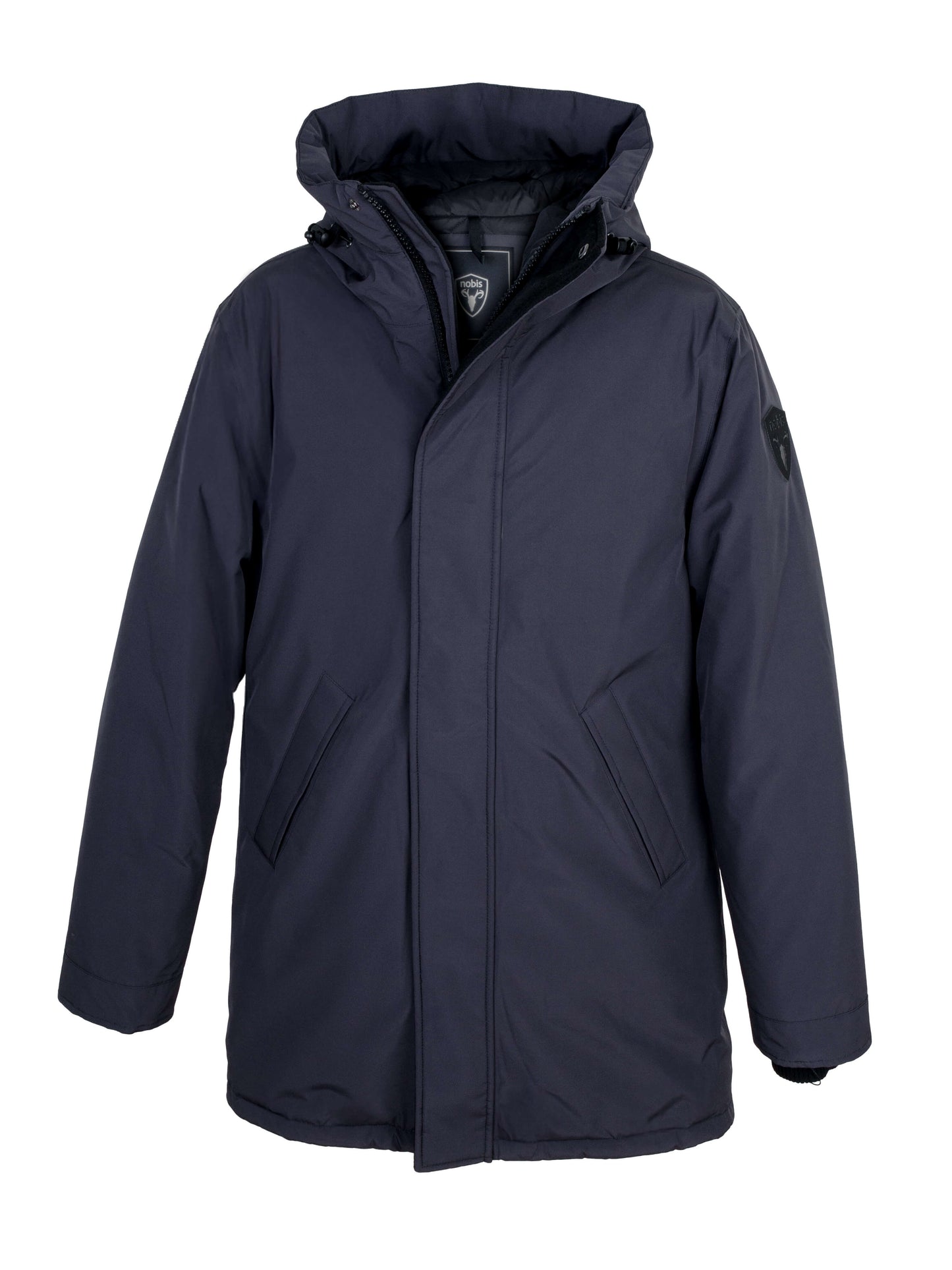 Pierre Men's Jacket in thigh length, Canadian white duck down insulation, non-removable down-filled hood, angled waist pockets, centre-front zipper with wind flap, and elastic ribbed cuffs, in 3L Black