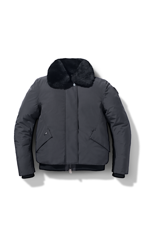 Rae Ladies Aviator Jacket in hip length, Canadian duck down insulation, removable shearling collar with hidden tuckable hood, and two-way front zipper, in Black + Black