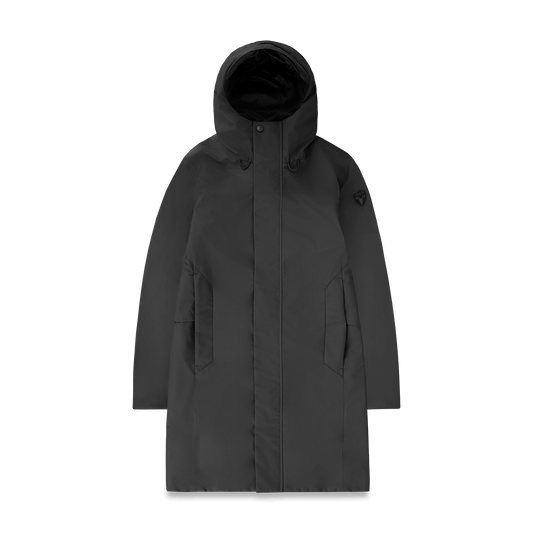 Upton long jacket in Black in 3-ply Micro Denier fabric with DWR coating, featuring a two-way zipper with magnetic closure, hidden mesh ventilation, and underarm vents. Designed for weather protection and tailored comfort. + Black