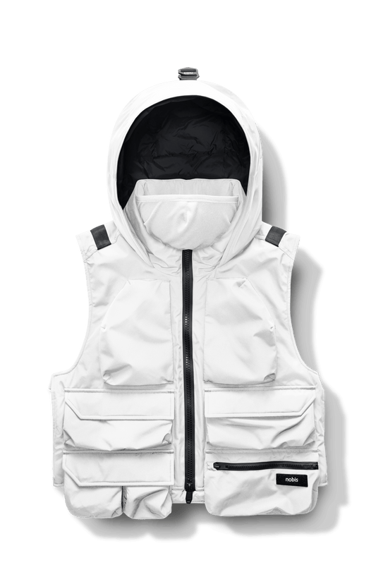Vulcan Unisex Tactical Vest in waist length, Primaloft Gold Insulation Active, non-removable hood, removable face mask, seven pockets on front and back, and two-way front zipper, in Chalk + Chalk