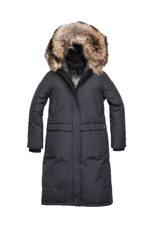 Ladies knee length down-filled parka with four exterior pockets, and a non-removable hood with detachable fur trim in Black + Black