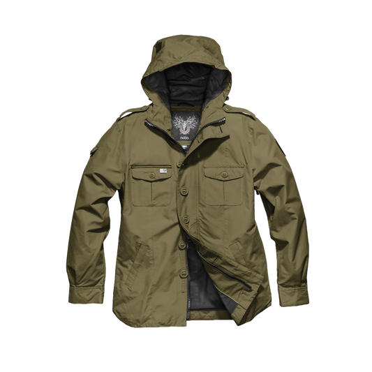 Men's hooded shirt jacket with patch chest pockets in Fatigue + Fatigue