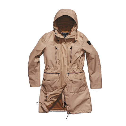Women's knee length anorak with four front pockets and adjustable cord waist in Fawn + Fawn