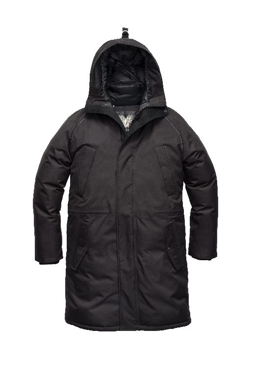 Men's knee length down-filled parka with four exterior pockets and a non-removable hood with detachable fur trim in Black + Black