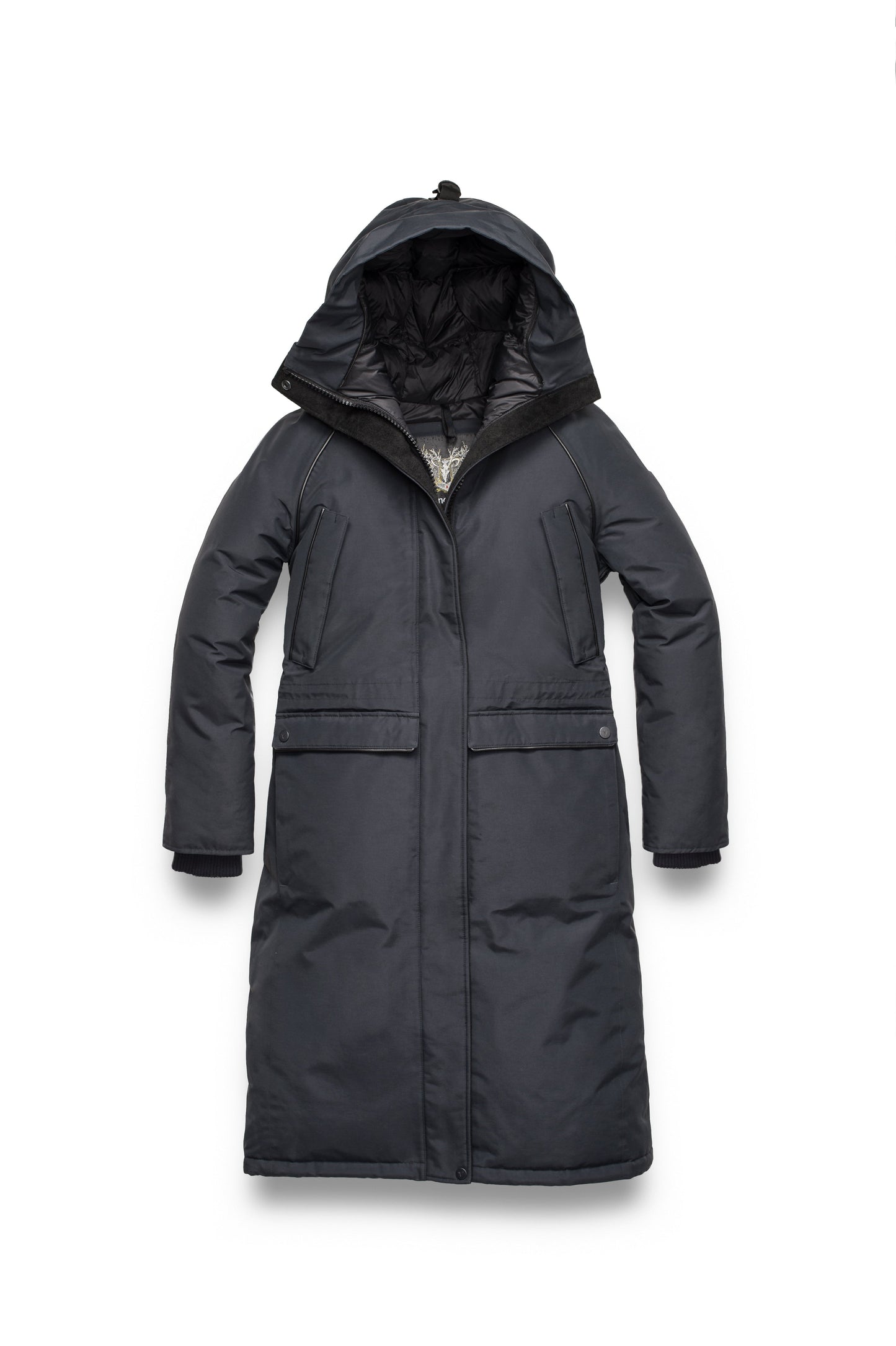 Ladies knee length down-filled parka with four exterior pockets, and a non-removable hood with detachable fur trim in Black