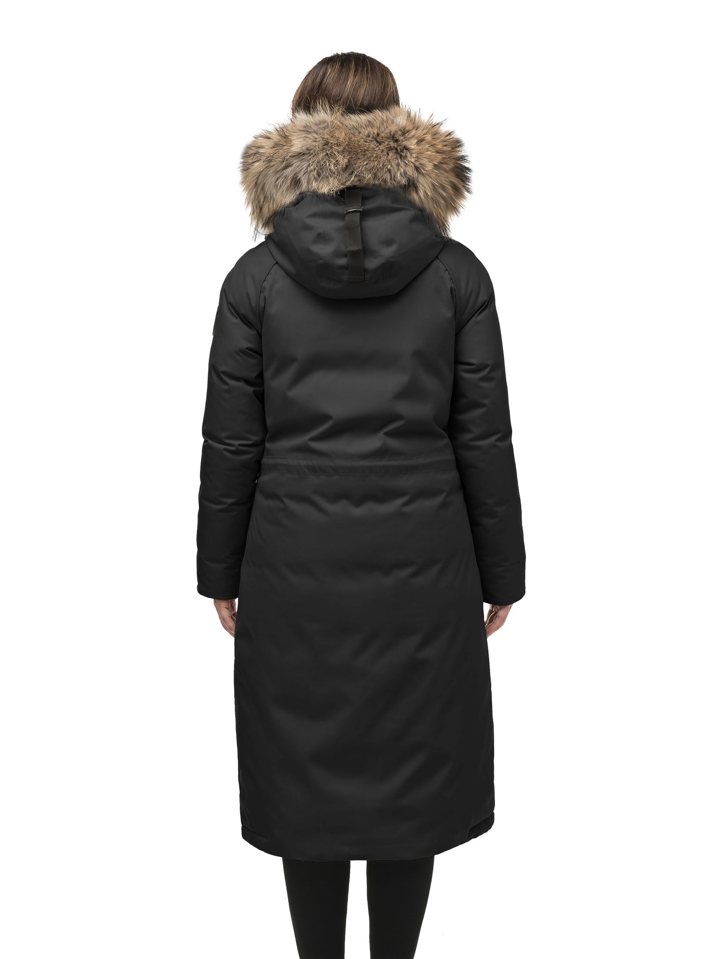 Ladies knee length down-filled parka with four exterior pockets, and a non-removable hood with detachable fur trim in Black