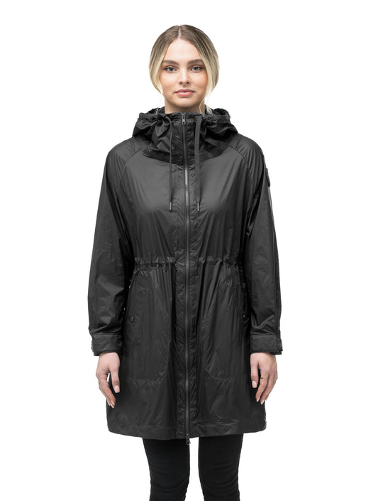 Women's knee-length zip-up windbreaker in Black + Black