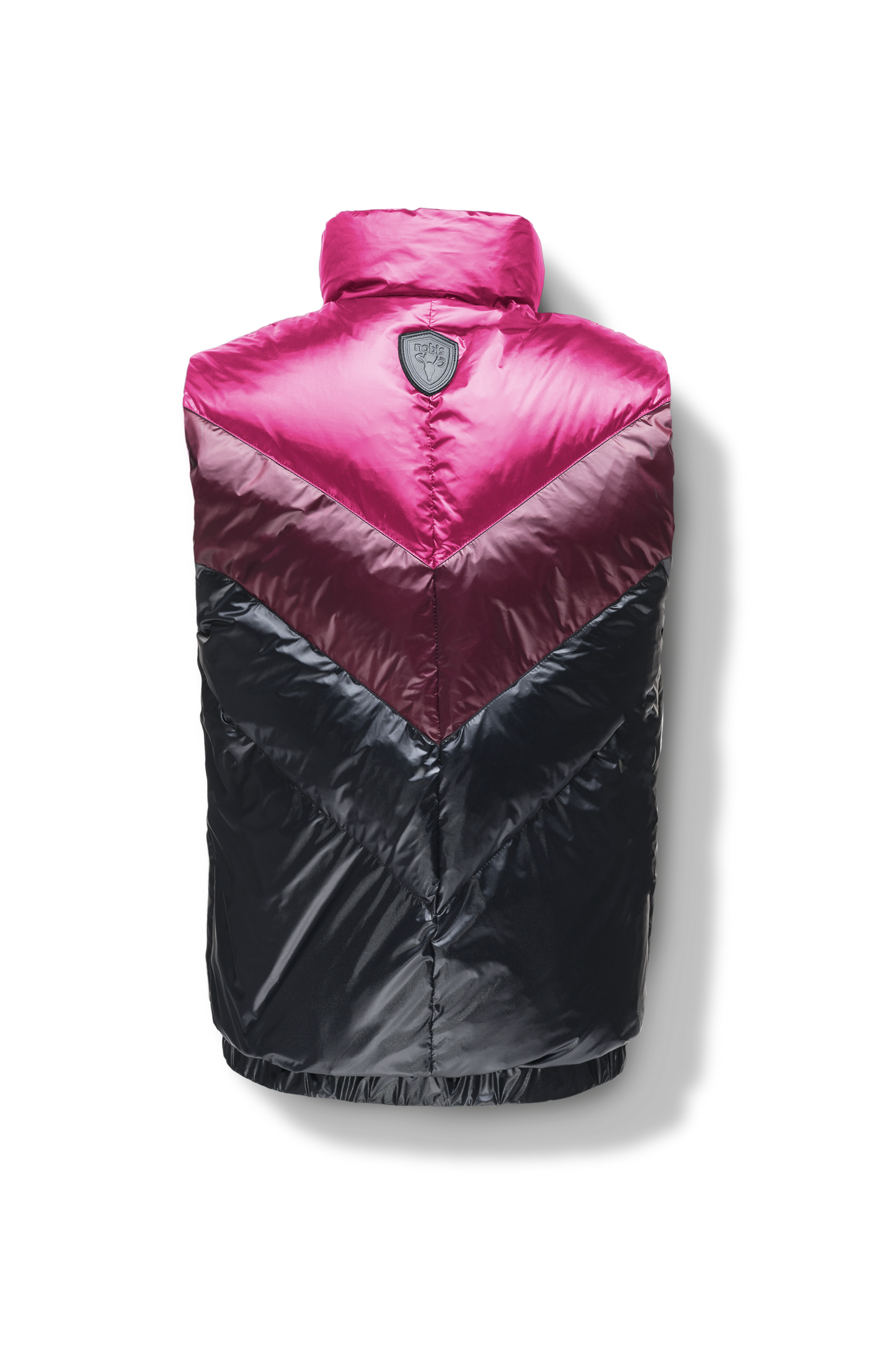 Kylo Men's Chevron Quilted Vest in hip length, premium cire technical nylon taffeta fabrication, Premium Canadian origin White Duck Down insulation, two-way centre-front zipper, fleece-lined pockets at waist, elasticized waistband, in Festival Fuschia/Potent Purple