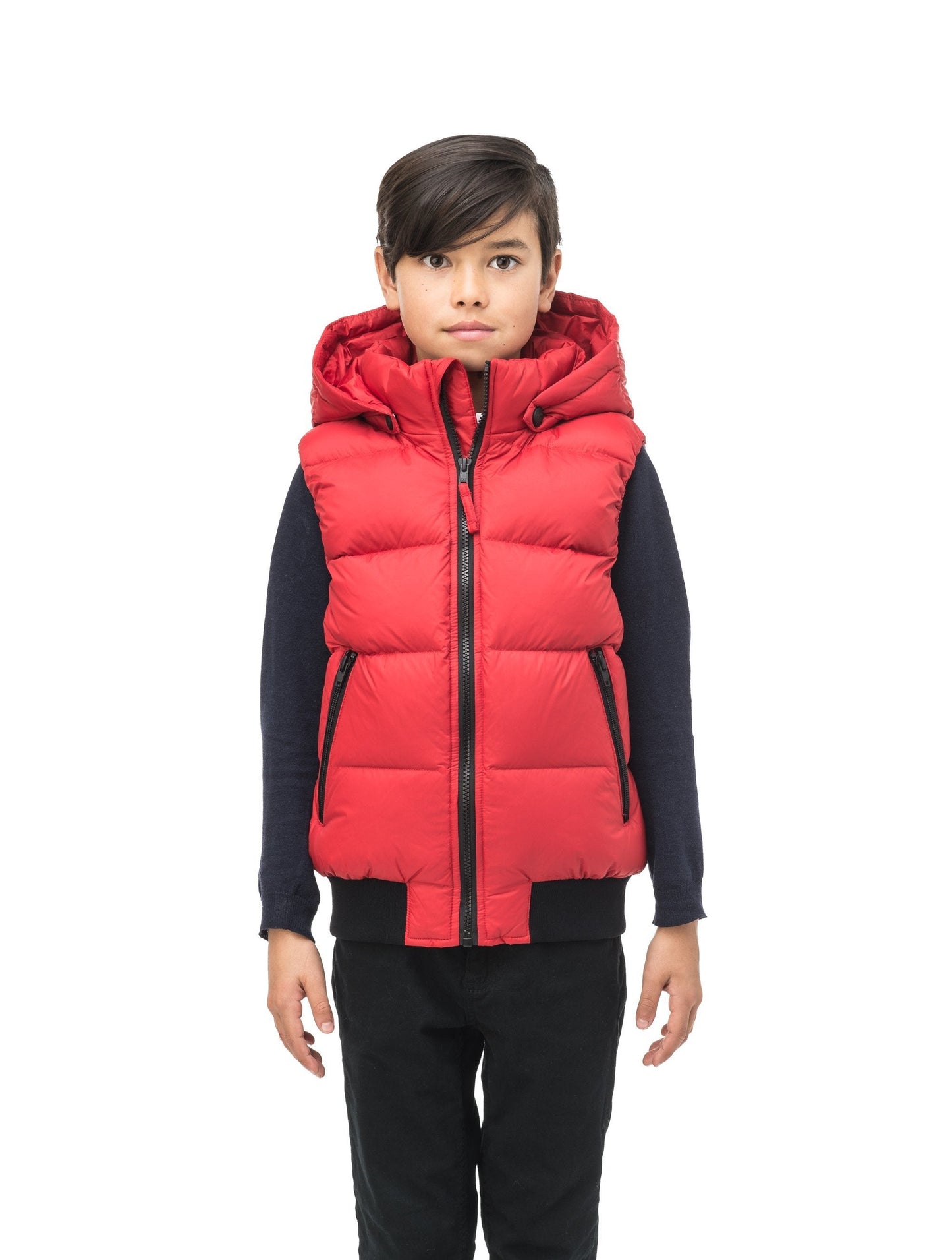 Sleeveless down filled kids vest with a hood and contrast zipper details in Vermillion