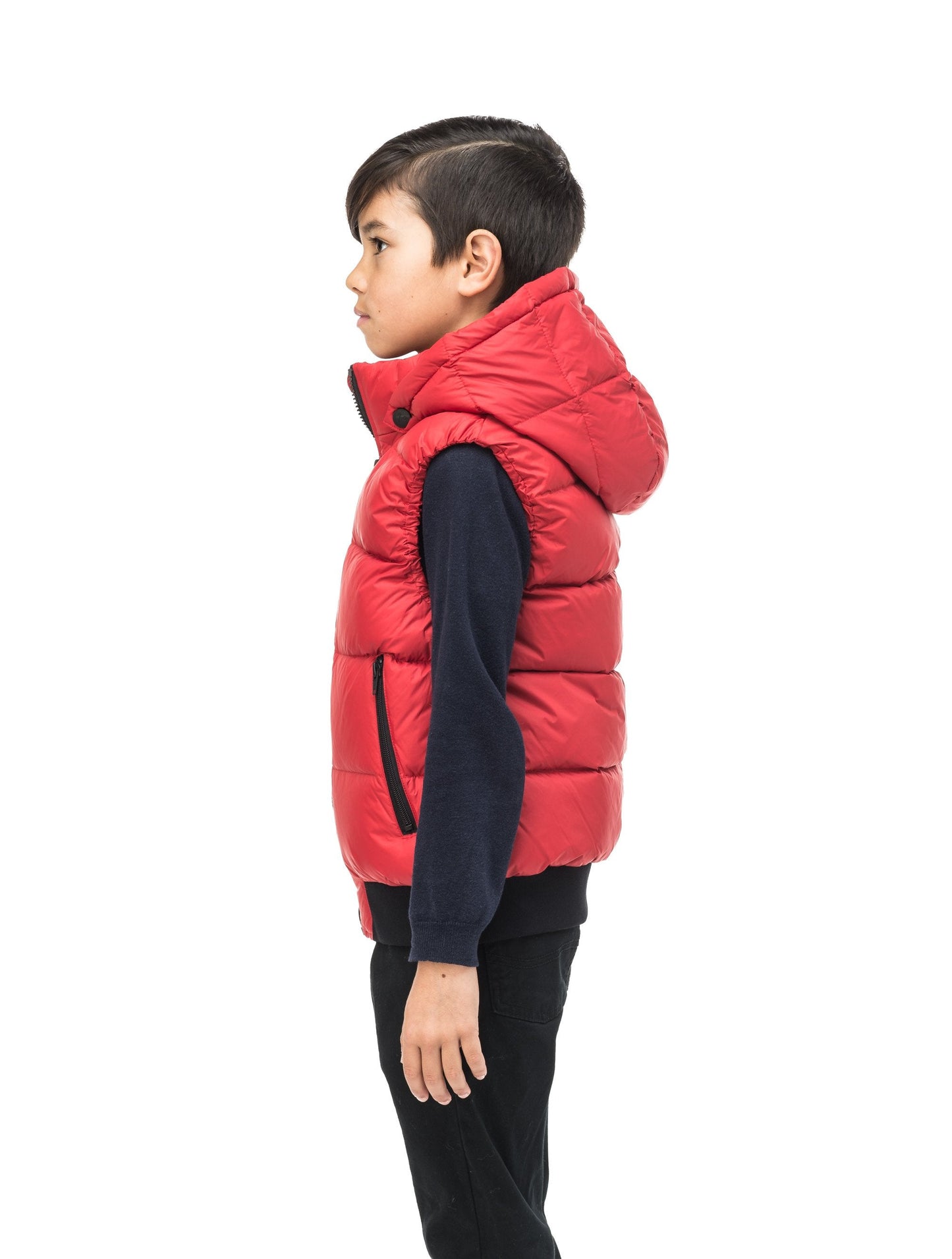 Sleeveless down filled kids vest with a hood and contrast zipper details in Vermillion