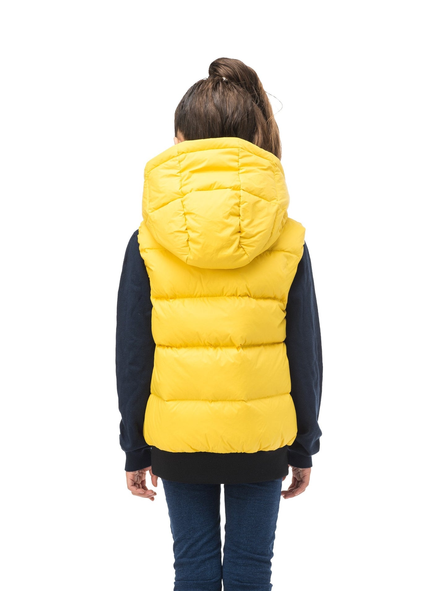 Sleeveless down filled kids vest with a hood and contrast zipper details in yellow Citron
