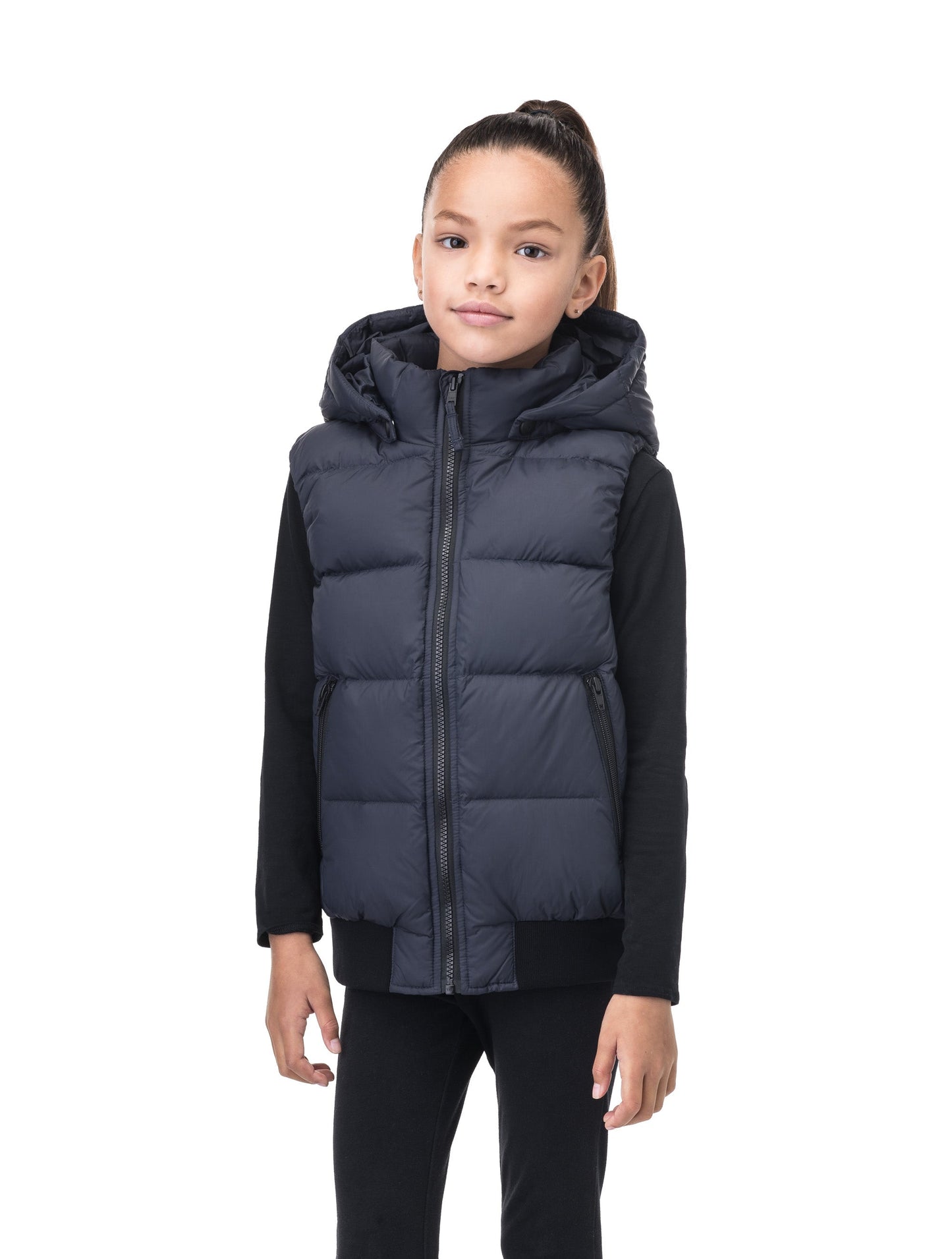 Sleeveless down filled kids vest with a hood and contrast zipper details in Navy