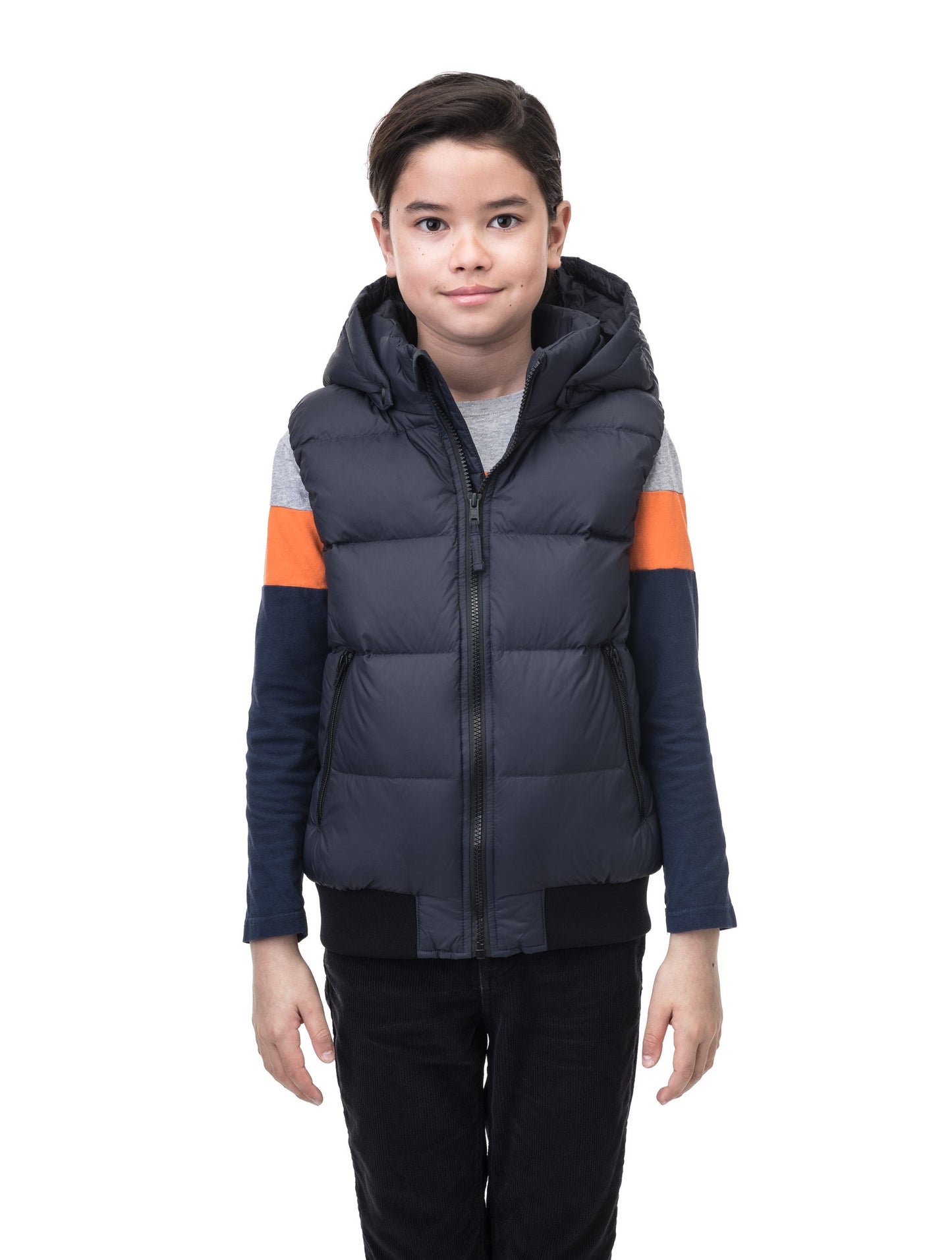 Sleeveless down filled kids vest with a hood and contrast zipper details in Navy