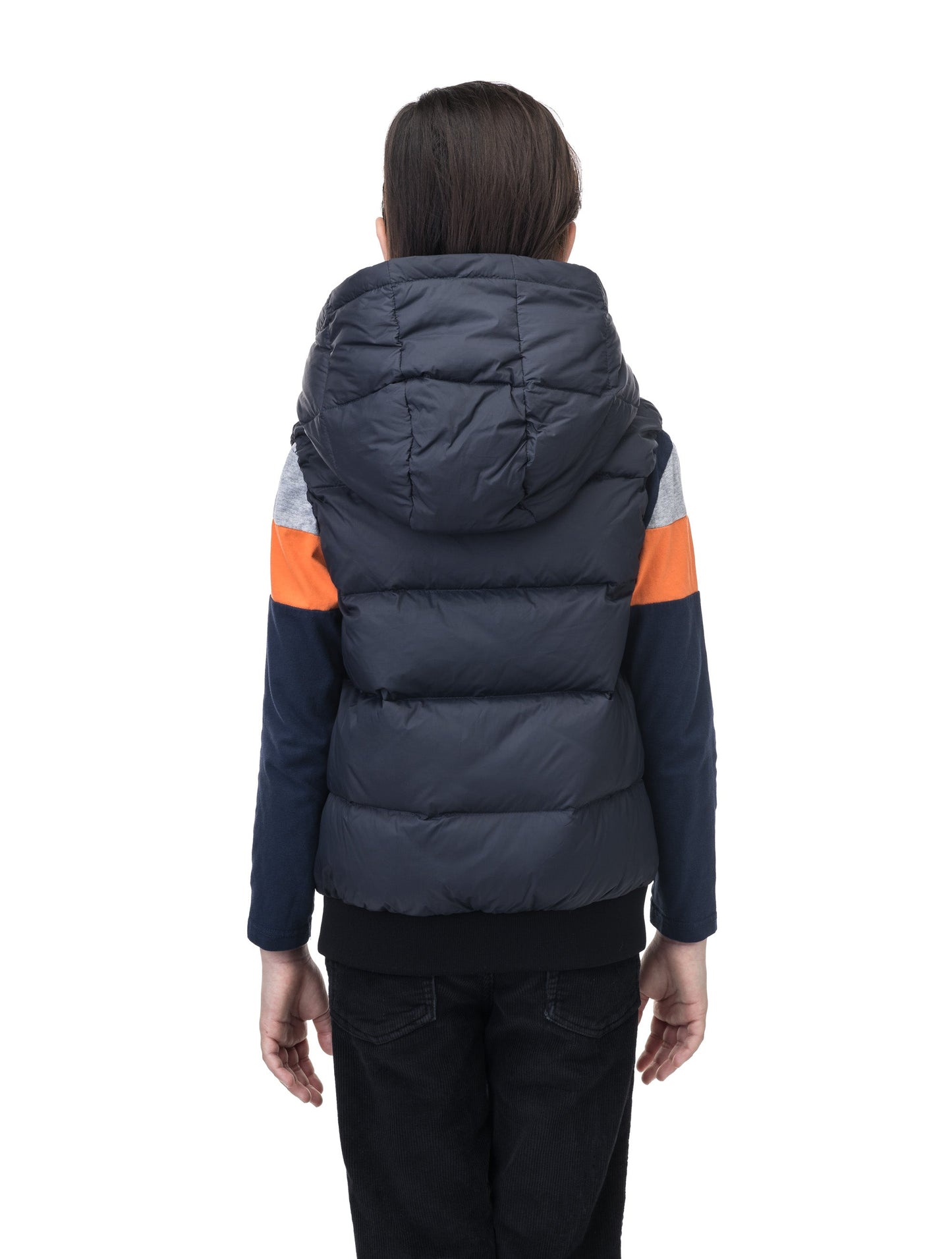 Sleeveless down filled kids vest with a hood and contrast zipper details in Navy