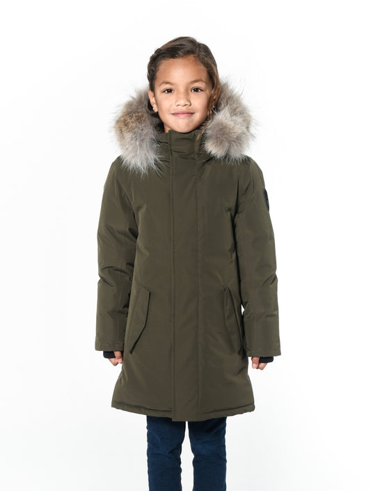 Kids' thigh length down-filled parka with non-removable hood and removable coyote fur trim in Fatigue + Fatigue